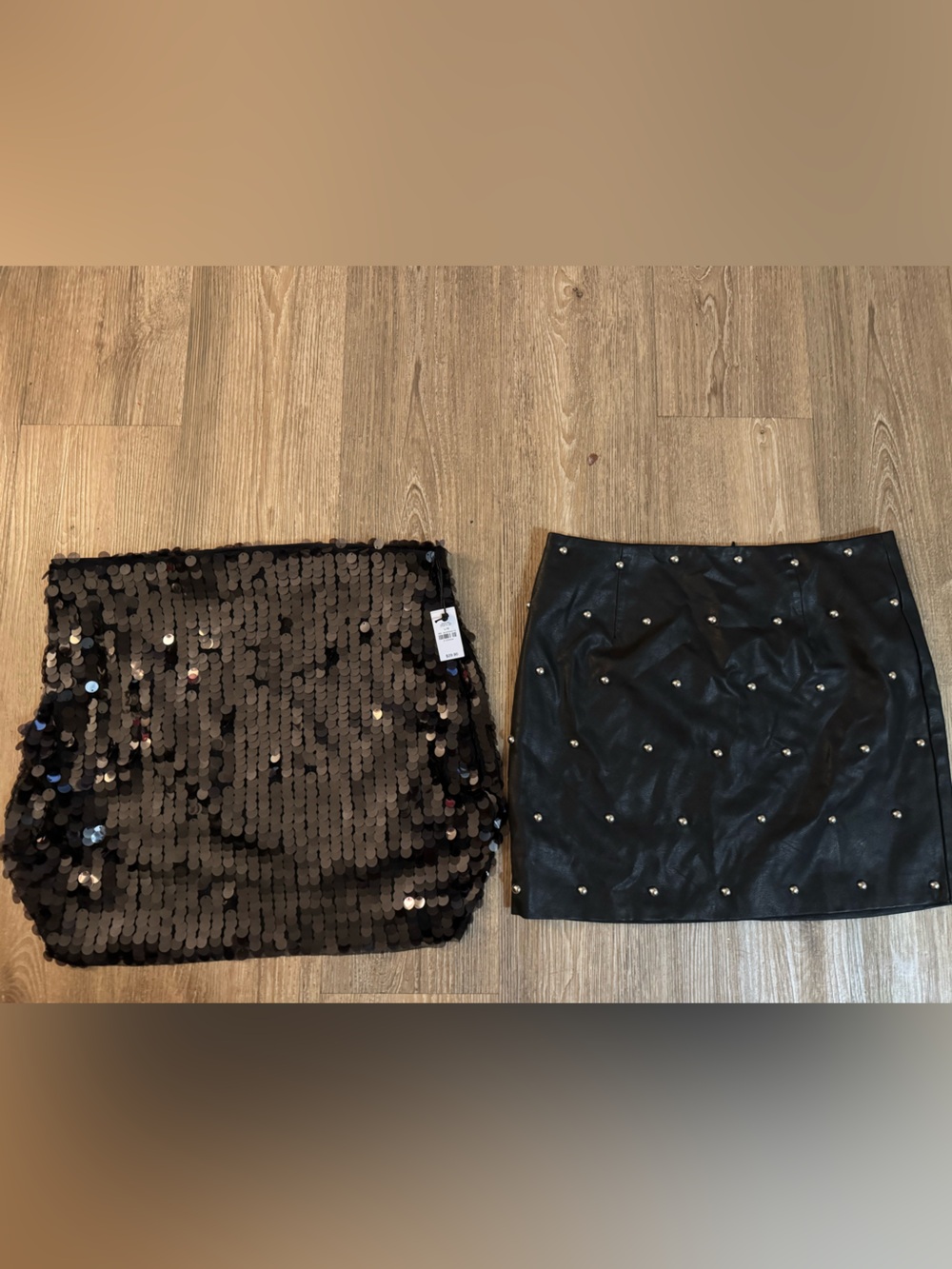 Black Sequin and Studded Faux Leather Skirts - Women's Party Skirt Set Large